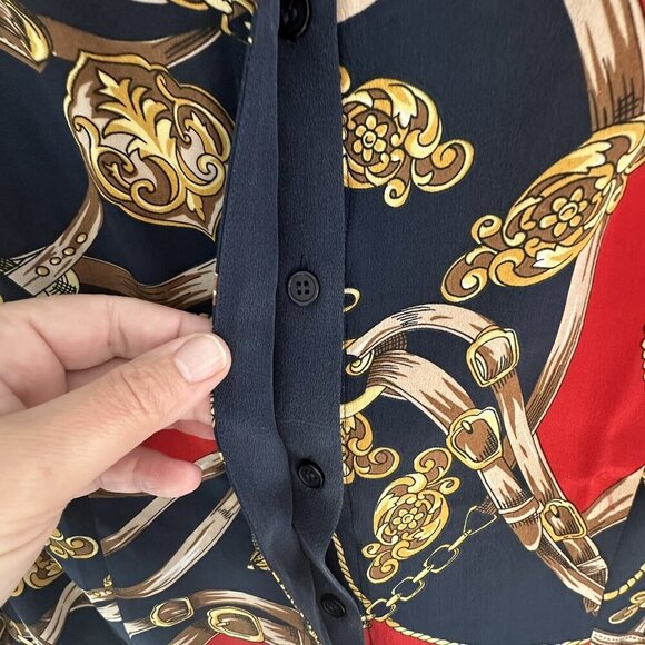 Vtg Stephanie Andrews 100% Silk Navy Red Button Dwn Blouse XS Corpcore Old Money - Picture 6 of 9